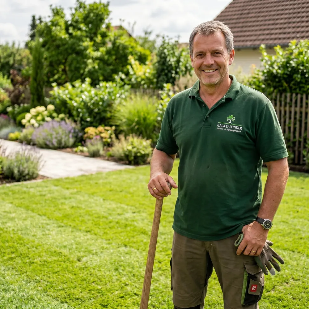 Steve Gürnth steht lächelnd auf frisch verlegtem Rollrasen in einem Garten